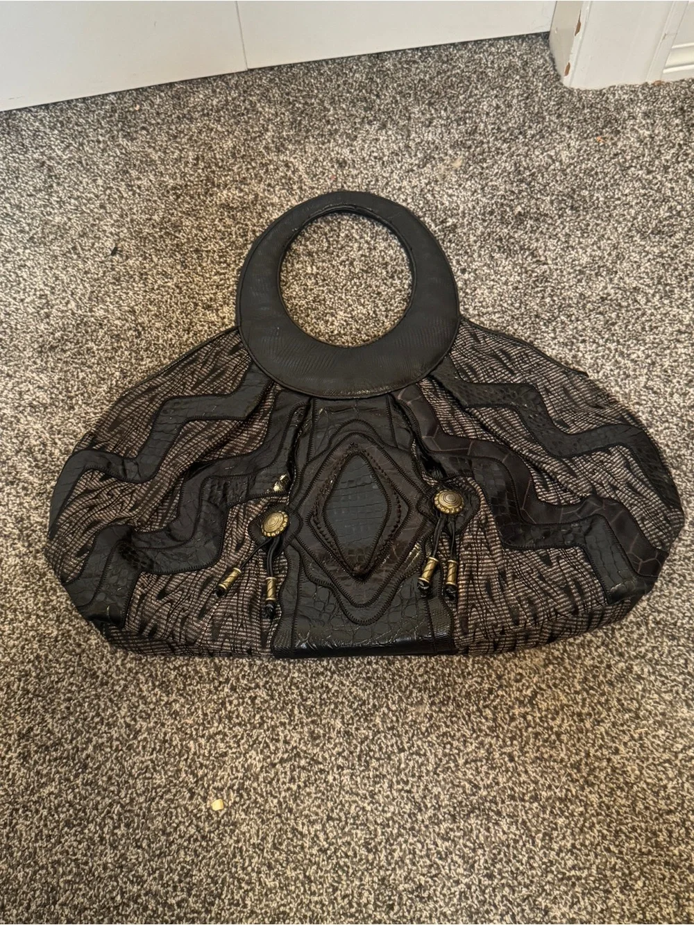 Sharif Vintage Black Handbag Croc Embossed Mesh Circular Handle Boho Purse